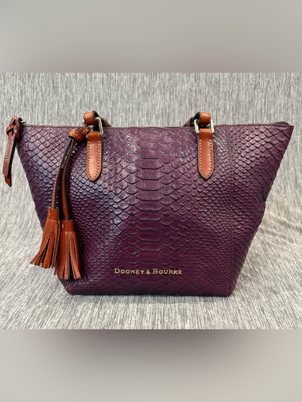 Dooney & Bourke Maxine Tote in Plum Embossed Leather Tote with Brown Trim